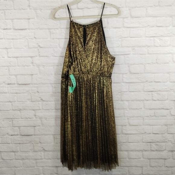 O Candalite Petite Women's Gold Black Pleated Sleeveless Midi Knee Dress NWT PXL - Picture 10 of 14
